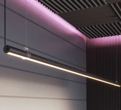 Suspension, Grip, noir, verre opal, IP40, LED, 3000K, 3399 lm, Ø2,8cm, H141cm - Beneito Faure