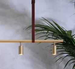 Suspension, John long, laiton, cuir marron, L260cm, H17cm - Rubn