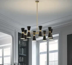 Suspension, Megafono , noir, laiton, 8 abat-jour, Ø99,9cm, H93,8cm - Stilnovo