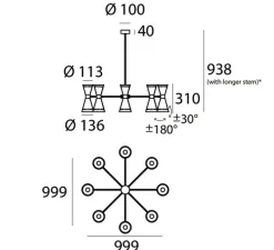 Suspension, Megafono , noir, laiton, 8 abat-jour, Ø99,9cm, H93,8cm - Stilnovo