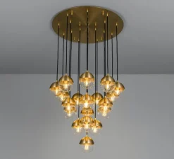 Suspension, Molecule Cluster 19, Laiton laqué bruni, verre transparent, Ø63cm, H59,8cm - Schwung