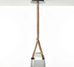 Suspension, Mona Medium, corps noir, verre gris fumé, sangle naturelle, LED, 2700K, 266 lm, Ø27cm, H26cm - Brokis
