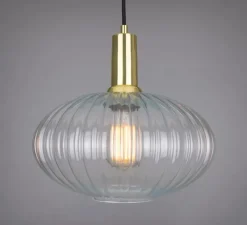 Suspension, Neith, verre strié transparent, laiton satiné, Ø30cm, H29cm - Mullan Lighting