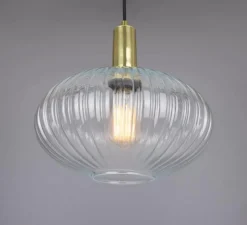 Suspension, Neith, verre strié transparent, laiton satiné, Ø30cm, H29cm - Mullan Lighting