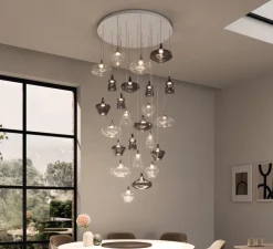 Suspension, Nostalgia cluster 24 pièces avec rosace blanche, gris fumé et cristal, LED, dim, 2700K, 1280 lm, Ø100cm, H150cm - Lodes