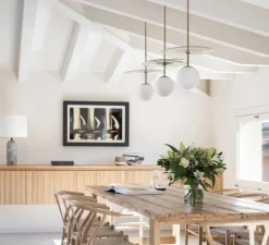 Suspension, Plat, laiton brossé, verre transparent vert, globe opalin, Ø47cm, H40cm - Contain