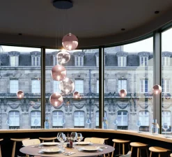 Suspension, Random solo cluster 5 pièces avec rosace, rose, transparent, LED, dim, 2700K, 450 lm, Ø38cm, H130cm - Lodes