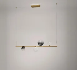 Suspension, Random Stick Short, gris fumé, cristal et chrome, tube laiton, LED, dim, 2700K, 1500 lm, L100cm, H2cm - Lodes