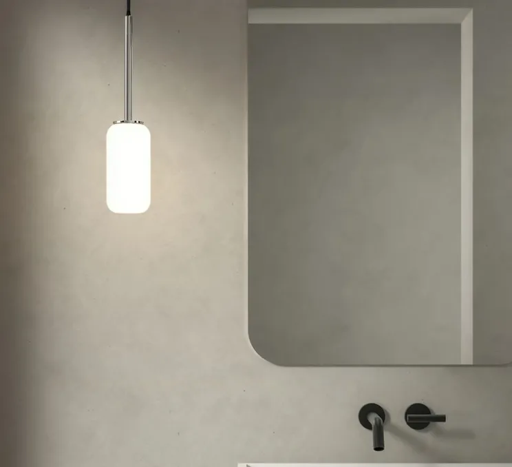 Suspension, Tacoma, chrome poli, abat-jour Tacoma Reed Glass opalin, IP44, Ø9,5cm, H185cm - Astro