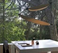 Suspension, Thula 562.22, corps noir, détail noir, abat-jour cuir beige, IP40, LED, 2700K, 2600lm, L104cm, H11cm - Tooy