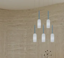 Suspension, Tulip 567, 1 cylindre, blanc, structure nickel, boules bleus, Ø12cm, H150cm - Atelier Areti