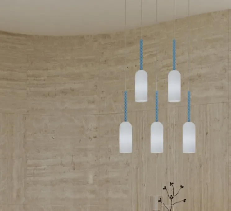 Suspension, Tulip 567, 1 cylindre, blanc, structure nickel, boules bleus, Ø12cm, H150cm - Atelier Areti