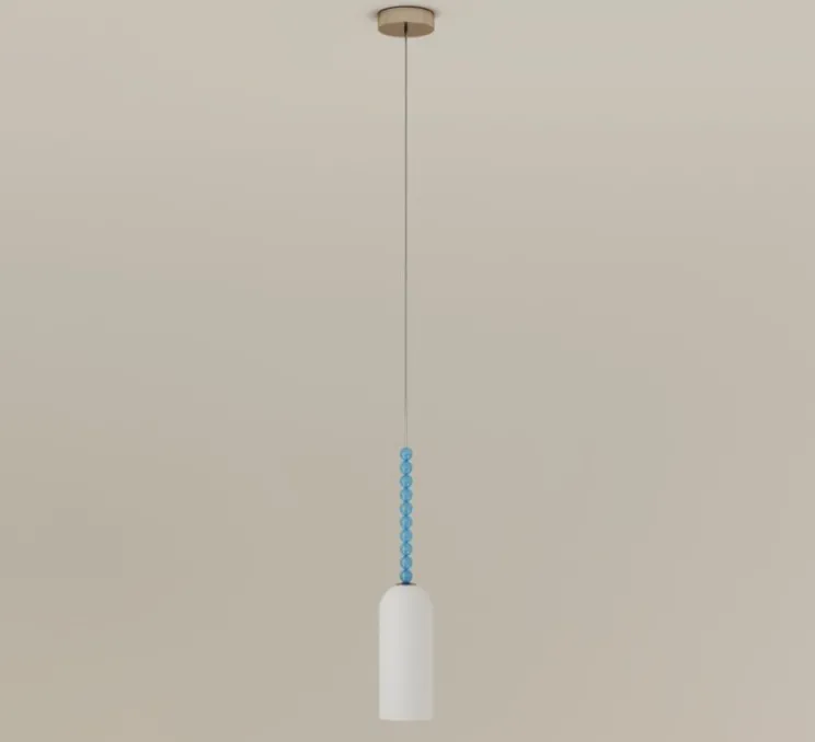 Suspension, Tulip 567, 1 cylindre, blanc, structure nickel, boules bleus, Ø12cm, H150cm - Atelier Areti