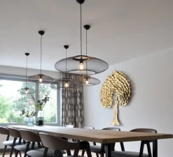 Suspension, ufo full, medium, noir charbon, bague laiton, câble noir, Ø60cm, H18cm - Atelier Robotiq